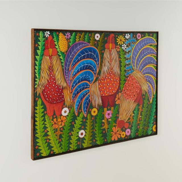 Striking mid century Haitian acrylic painting on canvas of three roosters in a lush jungle setting, executed in a...