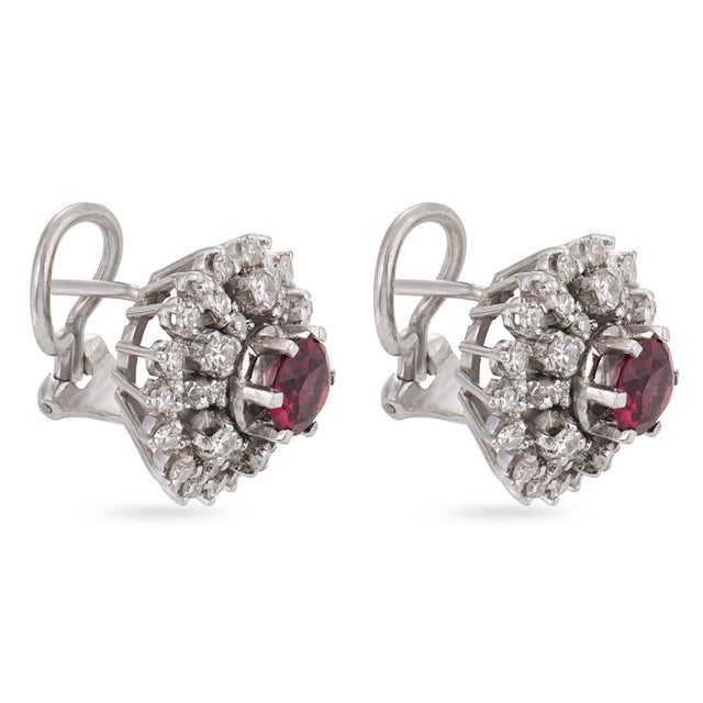Contemporary Mid Century 2.00 Carat Pink Tourmaline Diamond 18k White Gold Cluster Earrings, Pair For Sale - Image 3 of 6
