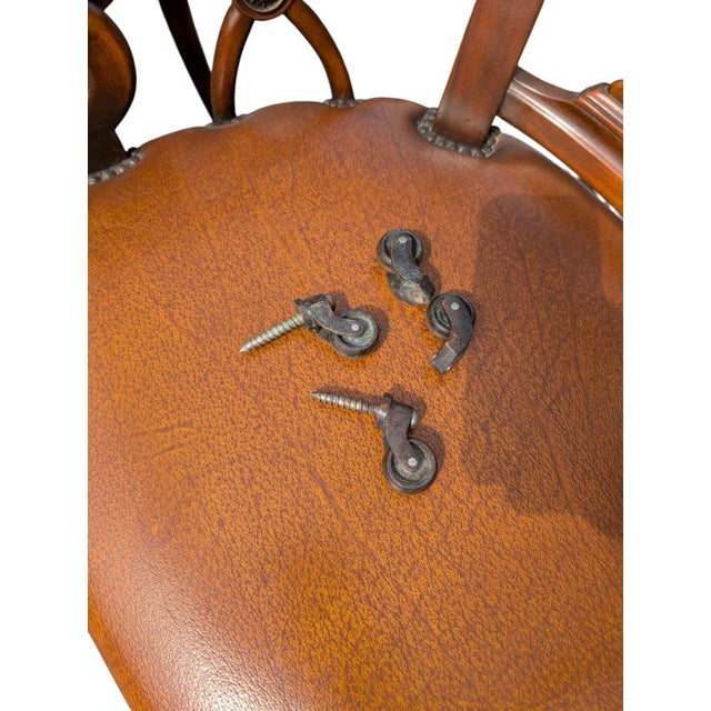 Late 20th Century Pair of Traditional Walnut Leather Upholstered Armchairs With Cabriole Scroll Arms For Sale - Image 10 of 10