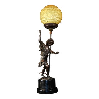 Art Deco Bronze Figural Lamp with Marbled Saturn Glass Shade, 1920 For Sale