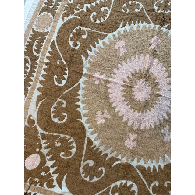 Beige Brown Cotton Suzani Square With Pink Medallion For Sale - Image 9 of 10
