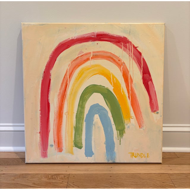Acrylic on canvas, 24 x 24 x .75. Edges painted the same creamy white as the background, back wired, ready to hang.