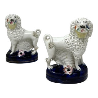 Pair Antique Staffordshire Porcelain Poodles Dogs Quill Pen Holders 19th Century For Sale