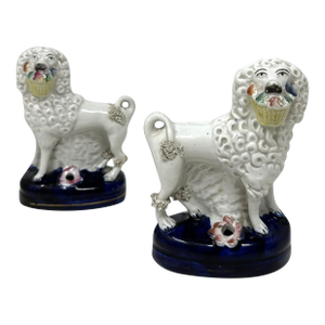 Pair Antique Staffordshire Porcelain Poodles Dogs Quill Pen Holders 19th Century