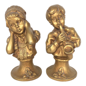 J Kendrick 1971 Universal Statuary Musician & Critic Children Pair Resin 10.25"