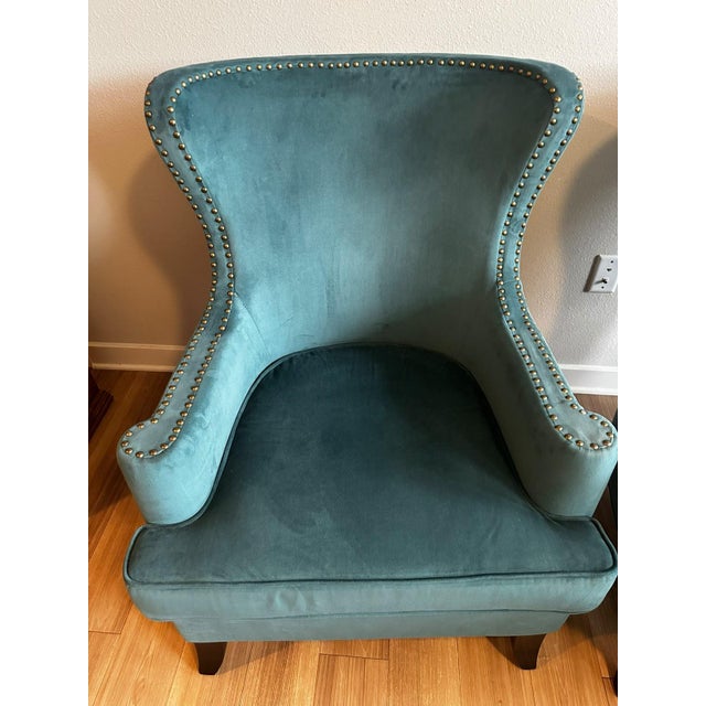 Pair of Teal Velvet Wingback Accent Chairs With Nailhead Trim For Sale In Orlando - Image 6 of 7