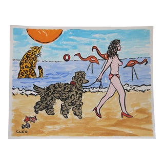 Dog Poodle Nude Seascape Leopard Flamingos Blue Beige Red Pink Minimalist Pop Art Americana Original Painting Cleo Plowden For Sale