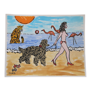 Dog Poodle Nude Seascape Leopard Flamingos Blue Beige Red Pink Minimalist Pop Art Americana Original Painting Cleo Plowden