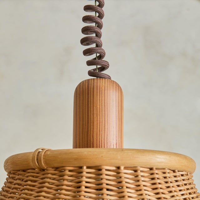 Wood 1970s French Wood + Rattan Pendant For Sale - Image 7 of 11