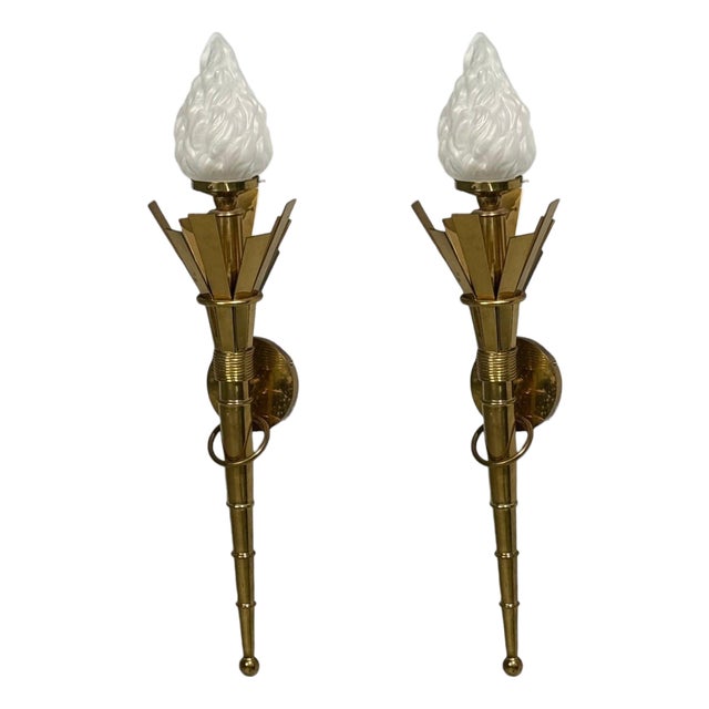 Mid 20th Century Neoclassical, Monumental Torchiere Wall Sconces, Brass, Glass - a Pair For Sale