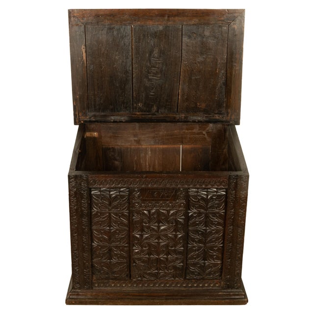 Antique French Medieval Gothic Carved Oak Chest Coffer 17th Century Panels 1679 For Sale In Portland, OR - Image 6 of 16