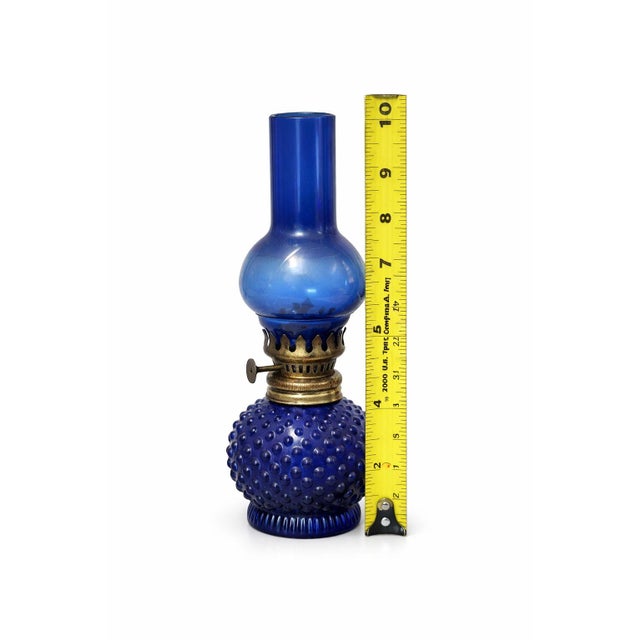 American Vintage Avon Cobalt Blue Glass 8.5” Oil Lamp Hong Kong Hobnail Base 1950s-70s For Sale - Image 3 of 4