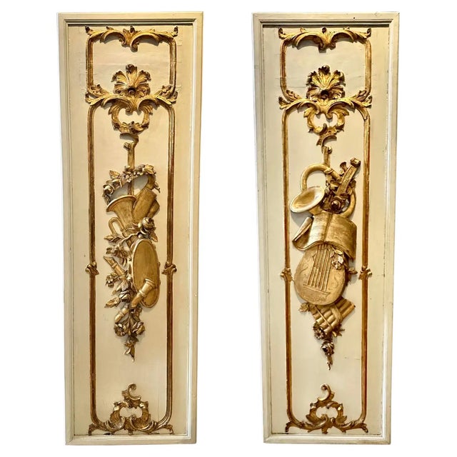 Pair of Giltwood and Painted Louis XVI 18th Century Trophy Panels. Each with Musical Instruments, Sheet Music and Flowers....
