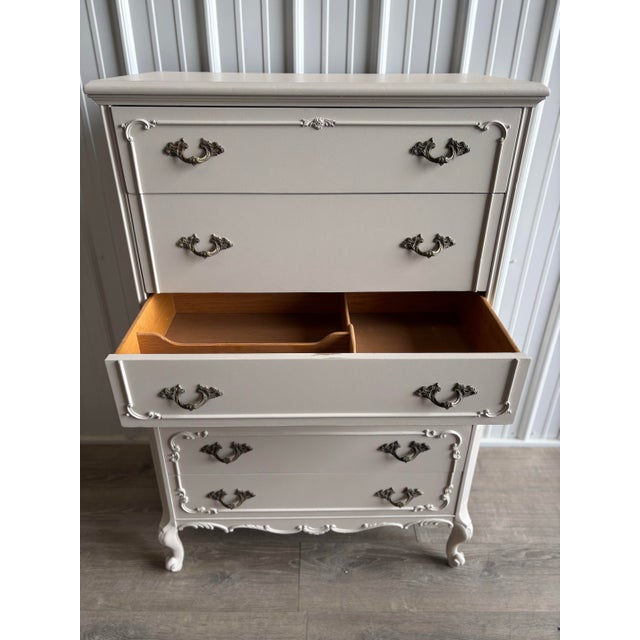 French Provincial Early 20th Century French Provincial Tallboy Dresser in Soft Neutral Finish – Ornate Carved Details, Solid Wood For Sale - Image 3 of 7