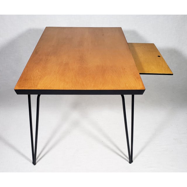 Mid-Century Modern Vintage Original Mid-Century Modern Maple Wood Table W Hairpin Metal Legs & Wood Pull-Out For Sale - Image 3 of 14