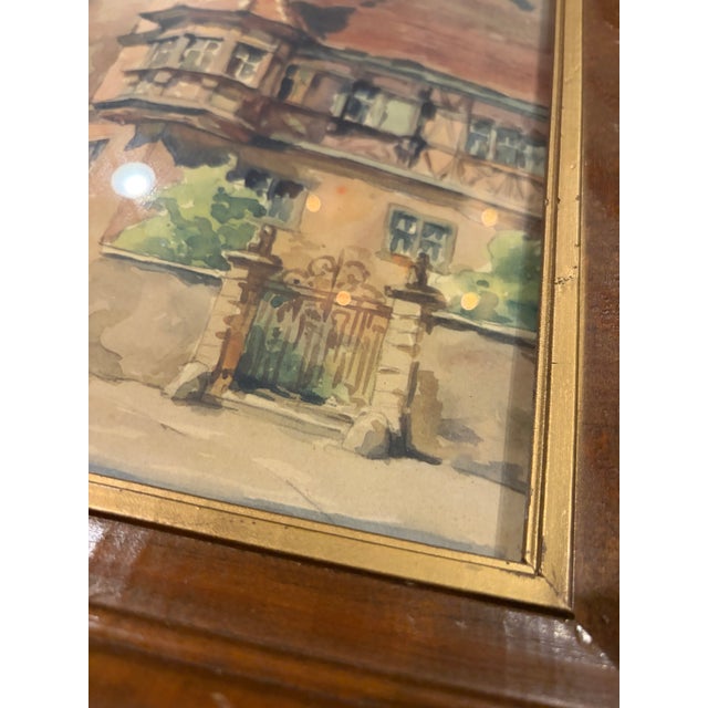 Vintage Mid-Century European Village Street Scene in Wood Frame For Sale - Image 4 of 12