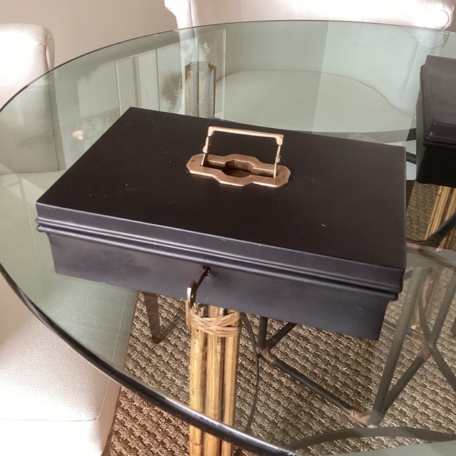 Black Late 20th Century Set of Two Metal Storage Boxes With Brass Handles and Working Keys For Sale - Image 8 of 10
