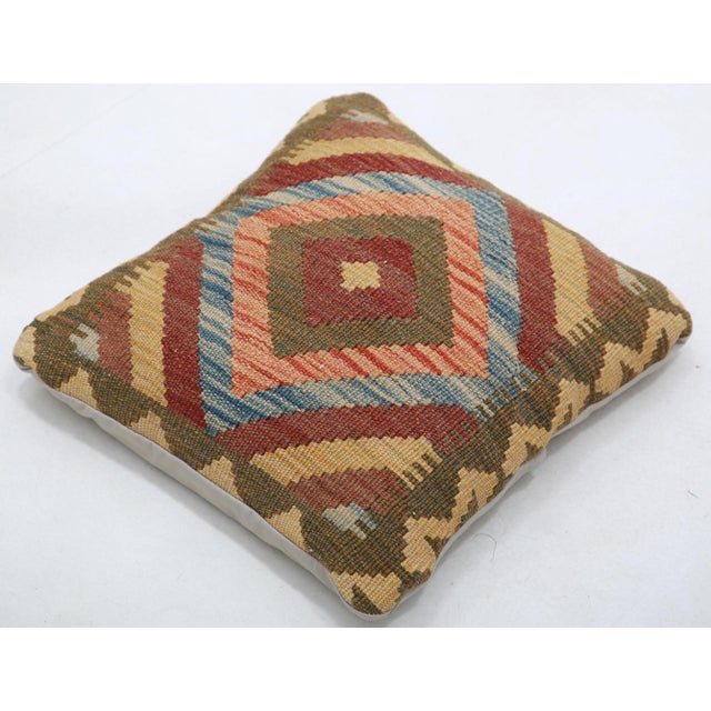 Tribal Arteverk Handwoven Afghan Kilim Pillow — Red & Blue Diamond Medallion For Sale - Image 3 of 3