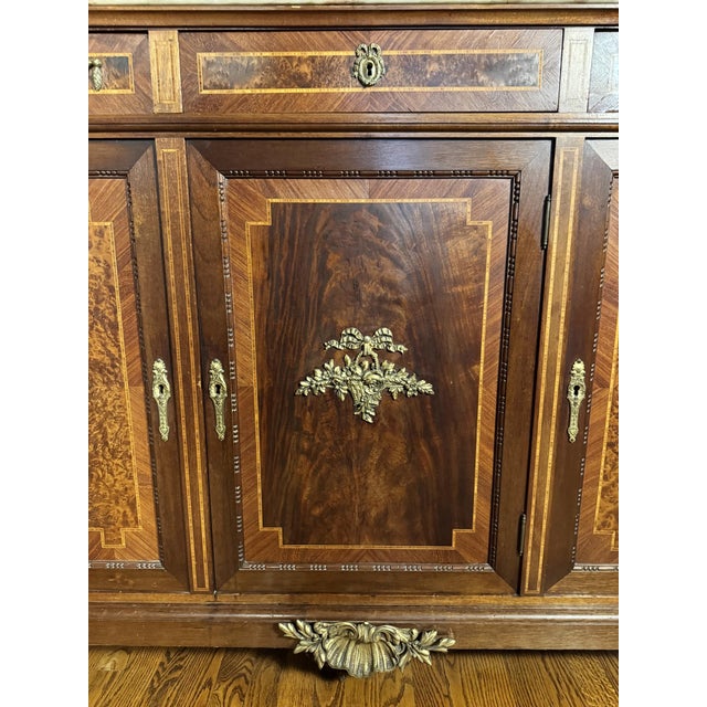 Mid 20th Century Louis XVI Style Mahogany & Burl Side Cabinet With Marble Top For Sale - Image 4 of 5
