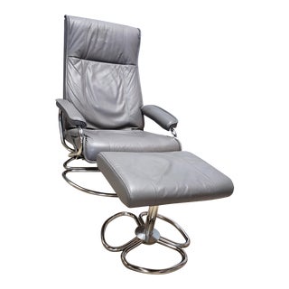 1970s Vintage Kebe of Denmark Gray Leather and Chrome Reclining Chair & Ottoman For Sale