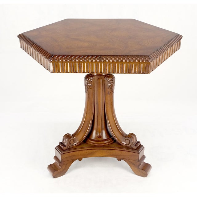 Fine Hexagon Burl Wood Top Tripod Carved Scrolls Base Rope Edge Center Table MINT!