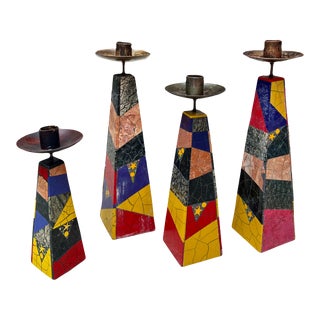 1980's Peter Max Inlaid Marble Candlesticks -Set of 4 For Sale