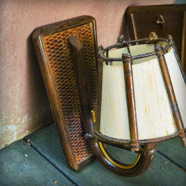 Rattan Pendant Light and Wall Lights by Louis Sognot, France, 1950s, Set of 3 For Sale - Image 9 of 11