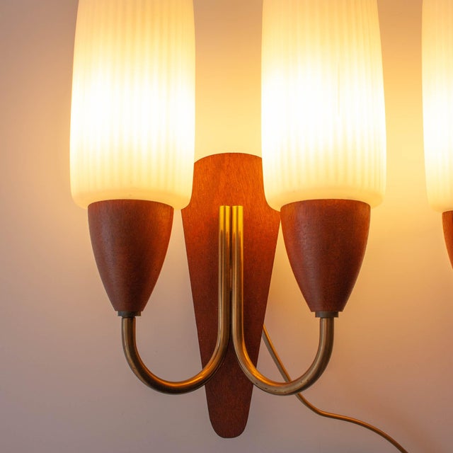 1950s Danish Teak Wood Wall Lamps with White Opaline Glass Shade, 1950s, Set of 2 For Sale - Image 5 of 16