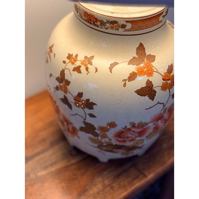 1950s Mid‑Century Modern Floral Ceramic Table Lamp With Soapstone Collar For Sale - Image 4 of 7