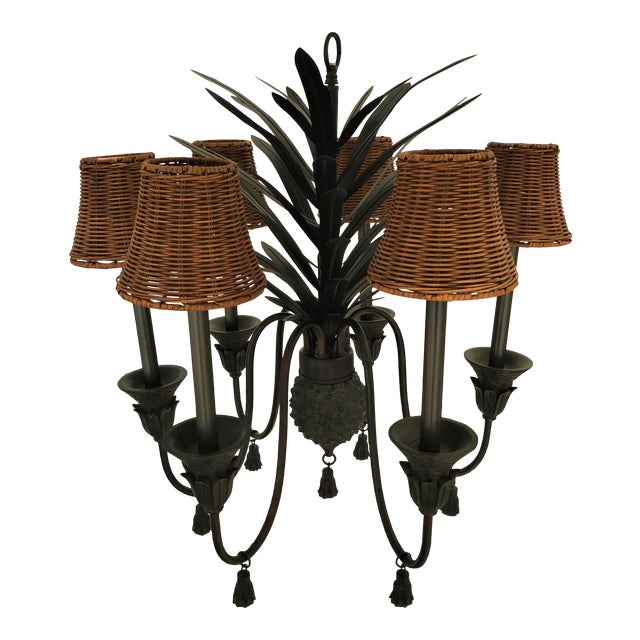 Vintage 1960's Bronze Metal Pineapple SixLight Chandelier With Tassel