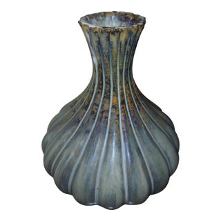 Vintage Blue Green and Gold Drip Glaze Studio Art Pottery Fluted Onion Vase For Sale