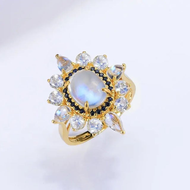 Blue Kai Moonstone Sapphire Cocktail Ring in 14k Solid Gold, size 10 For Sale - Image 8 of 12