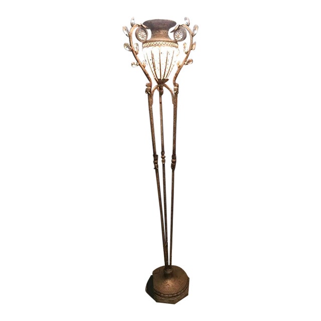 1980's 74" Hollywood Regency Style Silvered & Gilt Patinated Iron With Cut Crystal "Urn on Pedestal" Form Floor Lamp/ Torchiere For Sale