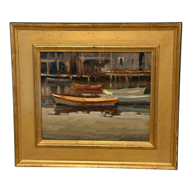 Late 20th Century Coastal “Nantucket Pattern” Harbor Scene Oil Painting by Mike Lynch – Framed For Sale
