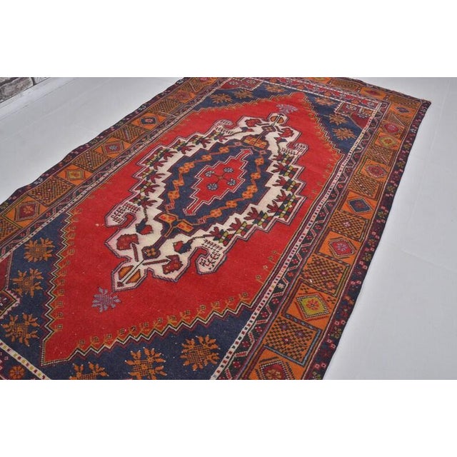 1950s Vintage Anatolian Wool Area Rug, Bold Red Field With Navy Blue Geometric Medallion For Sale - Image 5 of 10