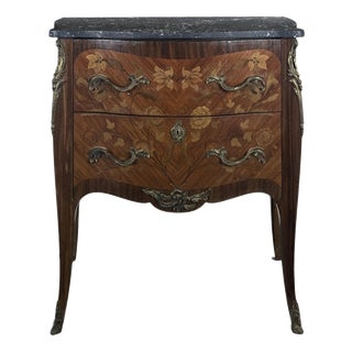 Louis Xv Style Bombé Commode in Floral Marquetry with Black Marble Top For Sale
