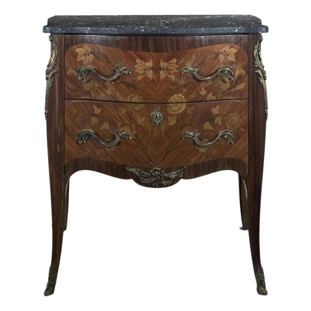 Louis Xv Style Bombé Commode in Floral Marquetry with Black Marble Top For Sale