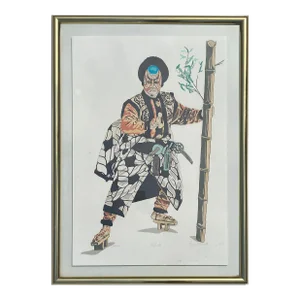 Vintage Color Lithograph of Japanese Kabuki Theater Figure, Pencil Signed and Numbered