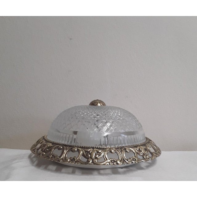 Vintage Flat Ceiling Lamp with Relief Glass Bowl on Gold-Colored Metal Mount, 1980s For Sale - Image 6 of 7