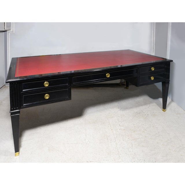 1940s Vintage Ebonized Leather-Top French Bureau Plat Faux-Partner's Desk For Sale - Image 5 of 8