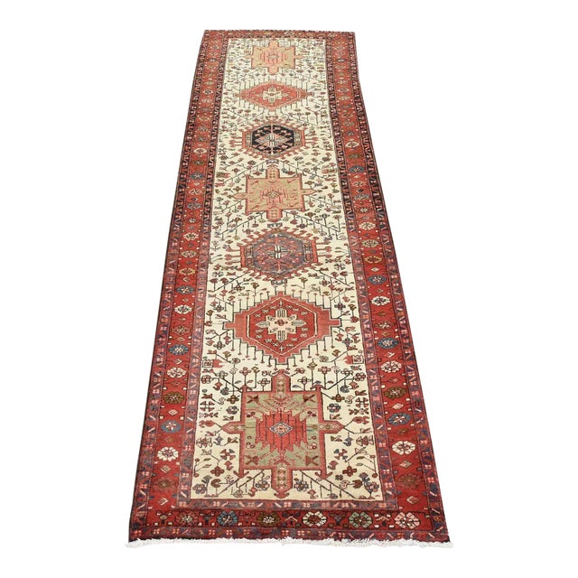 Karajeh Runner 3'6'' X 10'6'' Ivory Wool Tribal Semi-Antique Hand-Knotted Rug For Sale