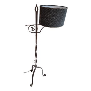 Mid-Century Rustic German Adjustable Floor Lamp with Wrought Iron Frame and Fabric Shade, 1950s For Sale