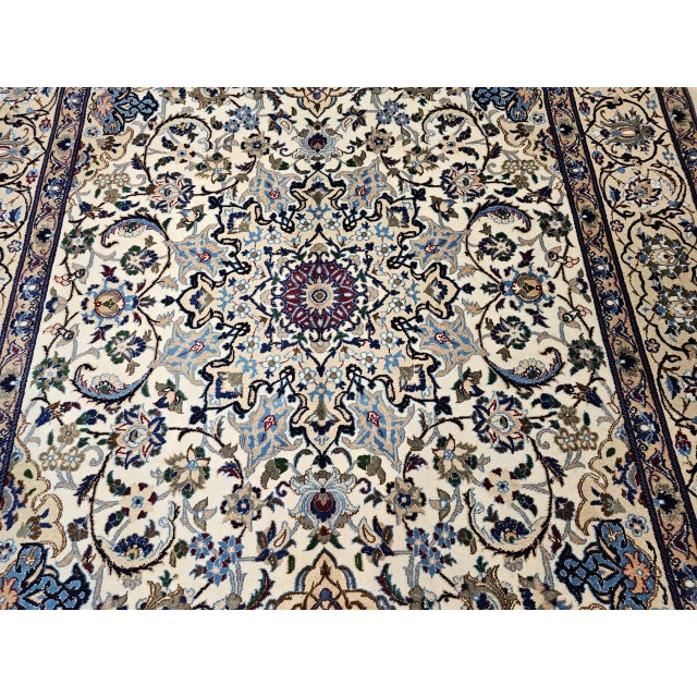 Vintage Persian Nain Area Rug, Hand-Knotted Wool & Silk, Floral Pattern, 7x11, Ivory & Blue For Sale In Chicago - Image 6 of 12