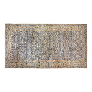Antique Persian Kirman Botanic Navy Blue Background Rug For Sale