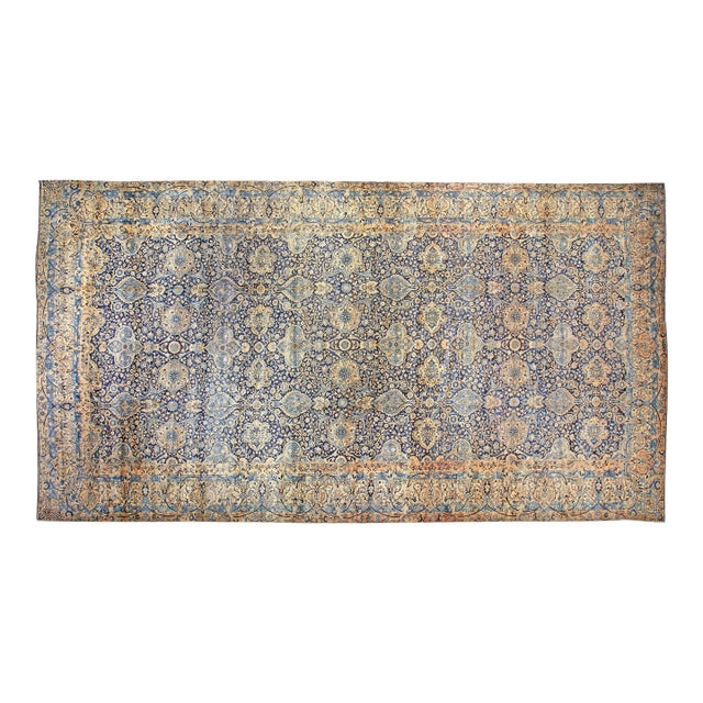 Antique Persian Kirman Botanic Navy Blue Background Rug For Sale
