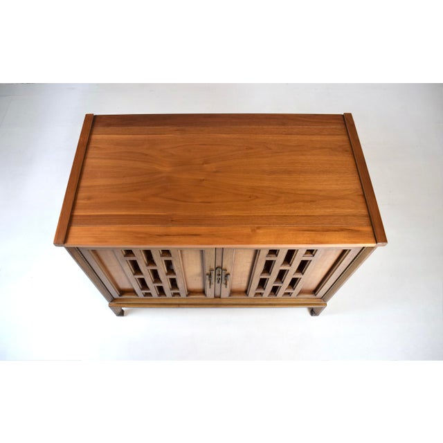 1960's Walnut Floating Commode Sideboard With Open Fretwork Doors For Sale - Image 11 of 11