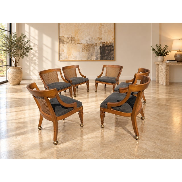 Wood Circa 1960s–1970s Regency Revival Cane-Back Armchairs – Set of 6 For Sale - Image 7 of 13