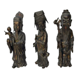 Chinese Vintage Bronze Metal SanXing ( 3 Deities ) Fu Lu Shou Statue Set