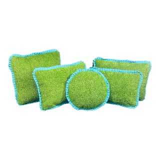 Custom Handcrafted Artificial Turf Lumbar Pillow With Turquoise Ruffle - Large Lumbar For Sale