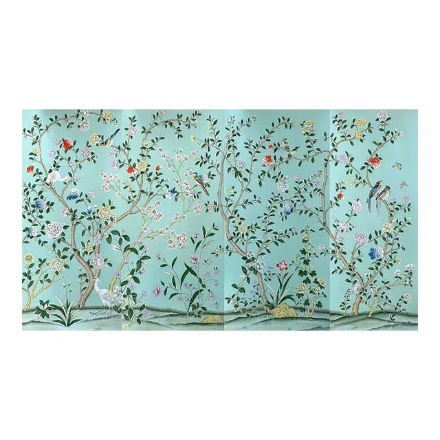 Chinoiserie Hand-Painted Wallpaper Mural, Mint Green Oriental Garden Bird & Floral, 4 Panels For Sale